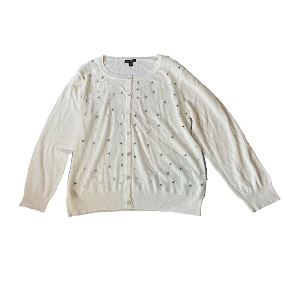 Roz & Ali Embellished Ivory Cardigan Sweater Faux Pearl Detail 3X - Picture 3 of 11